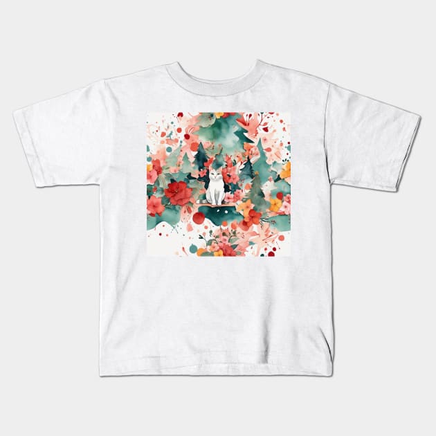 Cat in Flowers Garden Kids T-Shirt by GracePaigePlaza